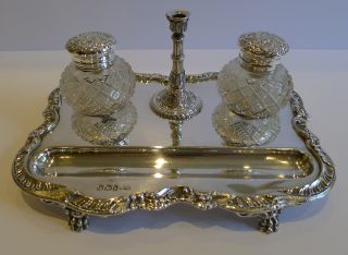 Antique English Sterling Silver Inkstand / Standish / Inkwells - 1896 photo