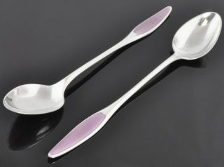 Frigast Denmark Sterling Silver Kongelys Purple Guilloche Enamel Dessert Spoons photo