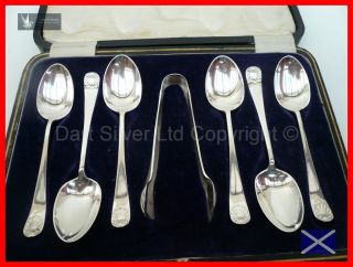 Cased Set Of 6 Sterling Silver Spoons & Sugar Tongs Hallmarked Sheffield 1915 photo