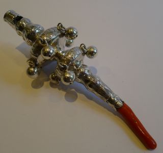 Magnificent Large Antique English Sterling Silver Baby ' S Rattle & Whistle photo
