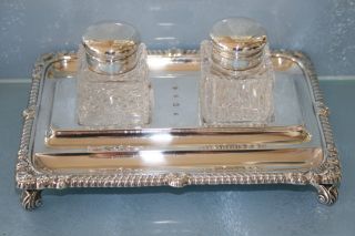 Victorian Style Sterling Solid Silver Double Inkwell - Inkstand Hm Sheff 1995 photo