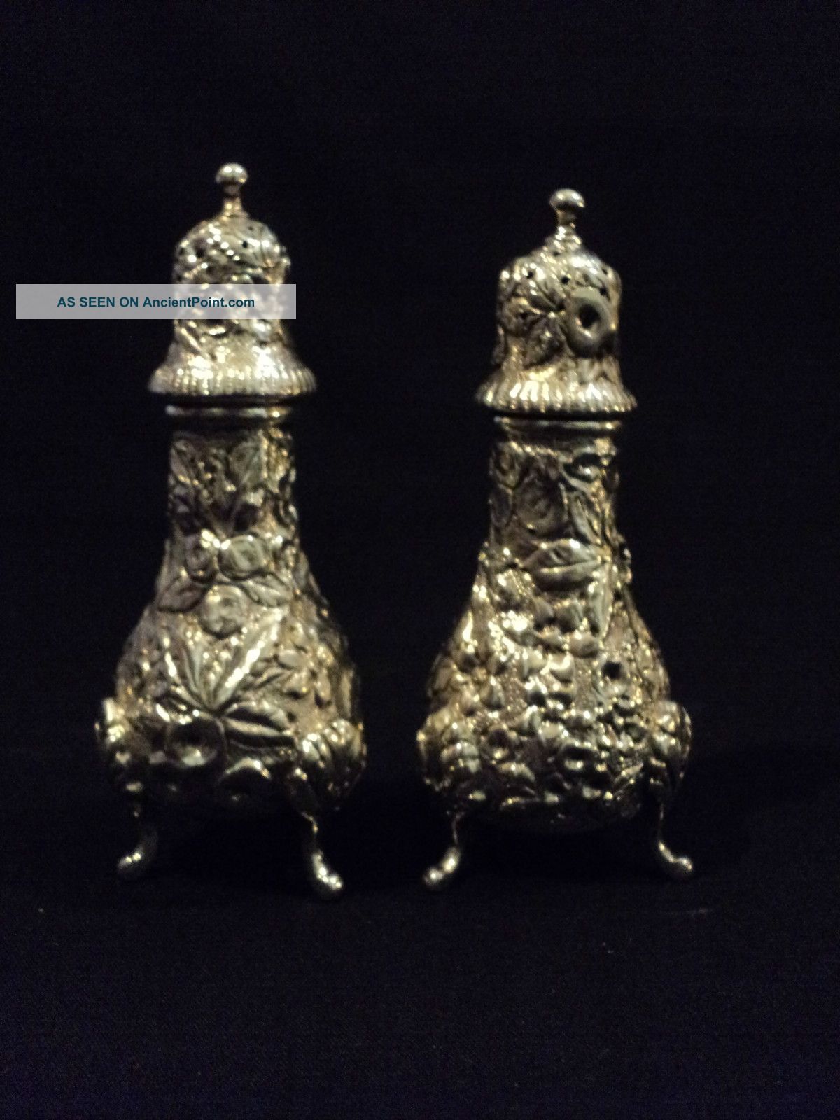 Fabulous Pair Sterling Silver Repousse Salt & Pepper Shaker Other photo