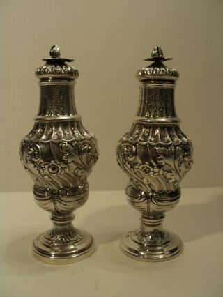 Stunning Pair English Sterling Silver Repousse Sugar Castor Shakers C.  1816 - 17 photo
