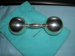Vintage Tiffany & Co Solid Sterling Barbell Baby Rattle & Bag photo
