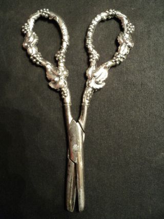 Antique 19th Century Hand Made Ornate Sterling Silver Repousse Grape Shears photo