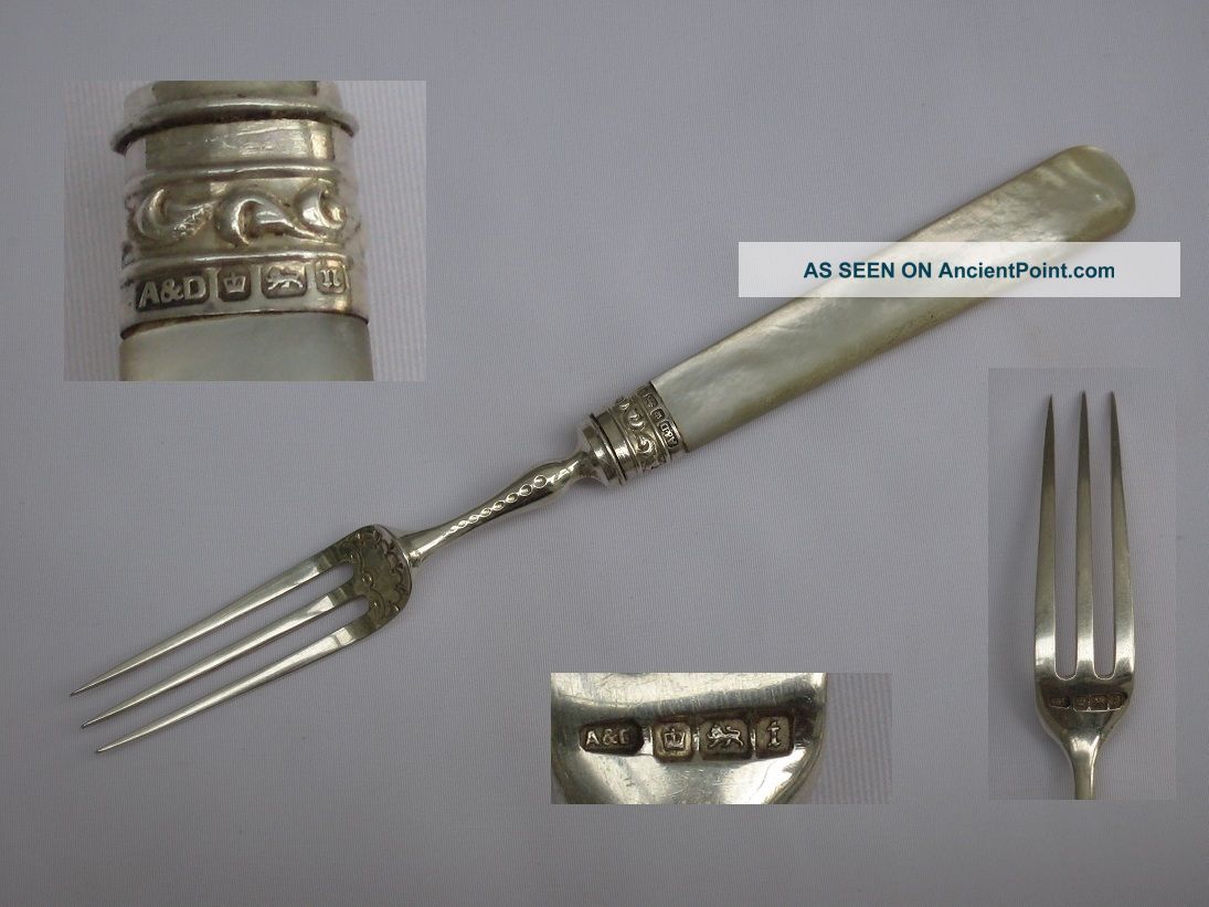 Fine Antique 1911 English Sterling Silver & Mother Of Pearl Pastry Fork. Other photo