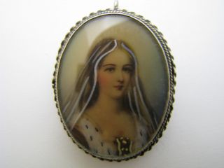 A Sterling Silver Frame Portrait Painting Faux Ivory Brooch Pendant Pin Ca1900s photo