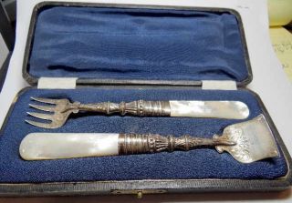 Birminghan 1910 Two Piece Serving Set Mother Of Pearl Handles Box photo