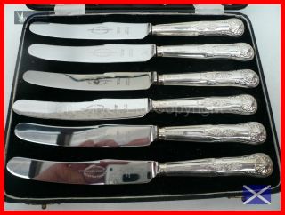 Set Of 6 Cased Kings Pattern Sterling Silver Afternoon Tea Knives Hm 1955 Ev photo
