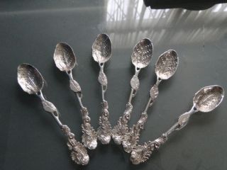 6 Cast Leaves Pattern Tea Spoons Sterling Silver London 1968 photo