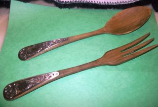 Wooden Salad Spoon & Fork With Sterling Silver Faced Handles photo