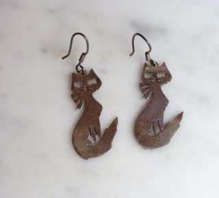 Sterling Silver.  925 Mexico Vintage Antique Pet Animal Cat Long Earrings 10 Gram photo