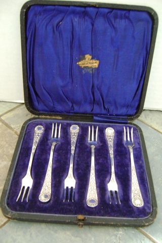 6 Art/crafts English Sterling Silver Harrison Fisher & Co.  Cocktail Forks - 1910 photo