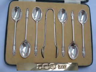 Outstanding Cased Set Of English Sterling Silver Apostle Spoons & Tongs Sheff photo