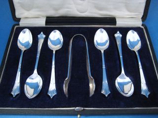 6 Cased Solid Silver Teaspoons & Tongs 1918 Albany Pattern Unpersonalised photo