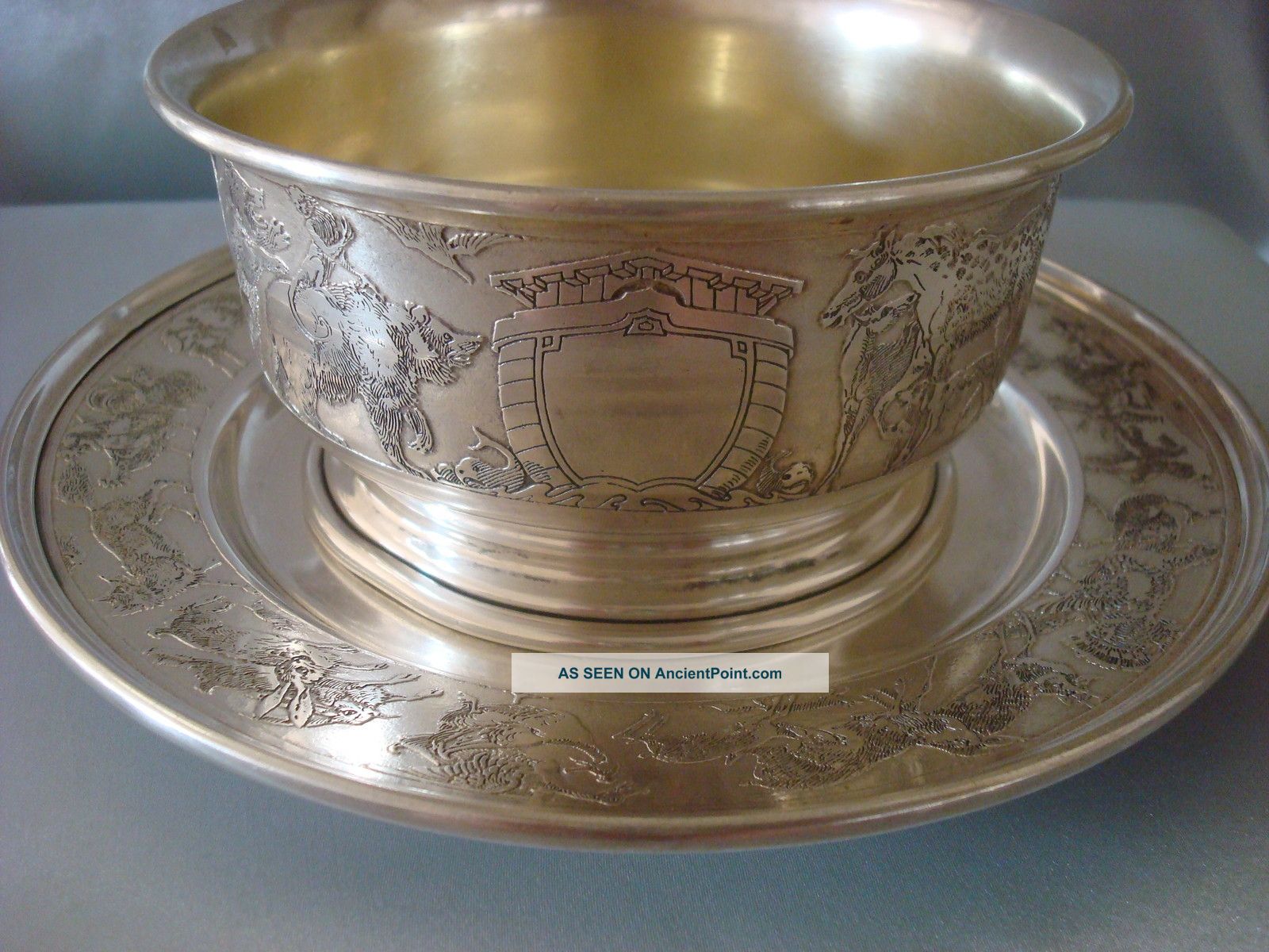 Kerr Sterling Silver Noah ' S Ark Etched Baby Child Bowl & Plate 20+oz Other photo