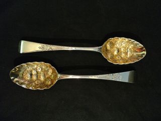 Pr.  18th Century English Sterling & Gilded Repousse Strawberry Spoons photo