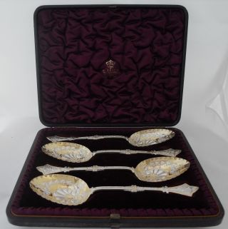 Antique Sterling Silver Serving Spoons - (cased Set Of 4) - Elkington & Co photo