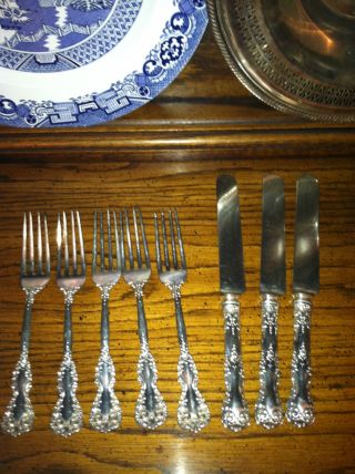 8 Antique Ornate Sterling Silver Forks Knives Marked W Hallmark A Sterling Good photo