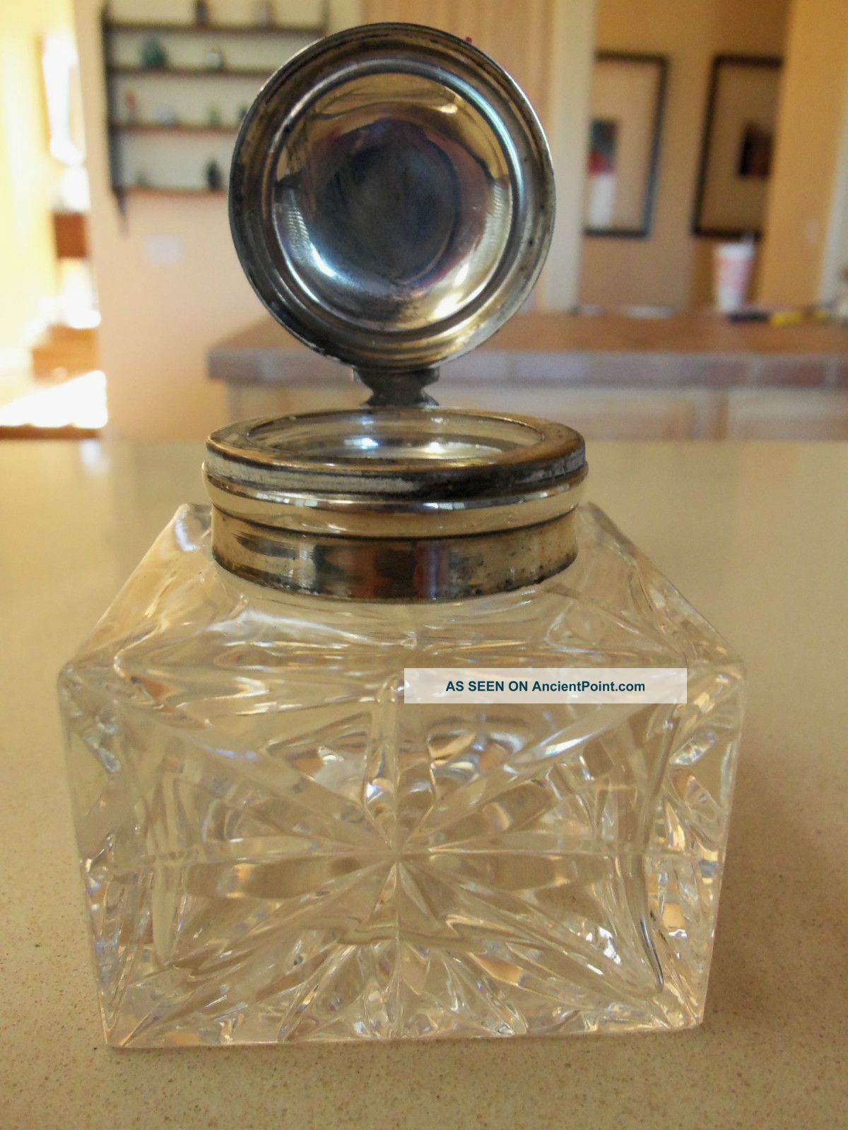 Awesome Large Antique Cut Crystal Ink Well Sterling? Other photo