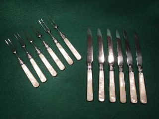 Antique Sterling Silver Tines & Blades Pearl Handle Forks & Knives Fruit 12pcs photo