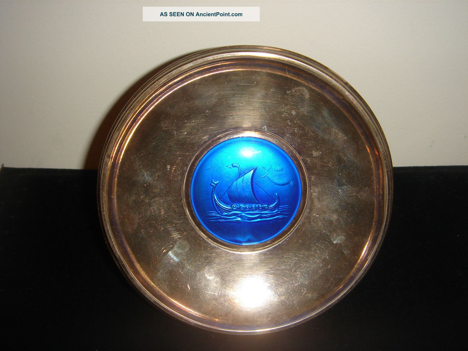 Scandinavian 830 Sterling Silver Blue Enamel Ship Tray Plate - 3 1/4 Oz Other photo