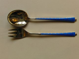 Egon Lauridsen Denmark Gilded Silver Blue Enamel Spoon & Fork photo
