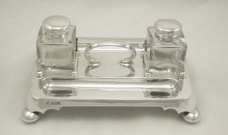 Antique Silver Inkstand Rectangular With 2 Square Inkwells Sheffield 1898 photo