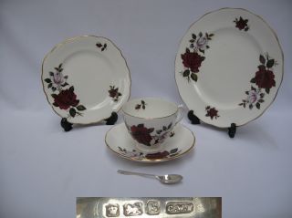 English Four Piece Vintage Bone China Tea Set With English Sterling Silver Spoon photo