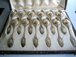 Antique French Art Nouveau Sterling Silver Gilded Tea Or Coffee Spoons 12/ps photo