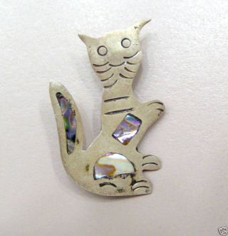 Rare Mexican Ss Cat Pin From 1950 - Inlay W/ Abalone photo