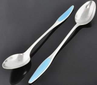 Frigast Denmark Sterling Silver Kongelys Blue Guilloche Enamel Dessert Spoons photo