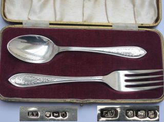 English Sterling Silver Cased Christening Spoon & Fork Un - Monogrammed Sheffield. photo
