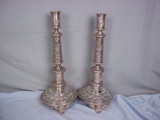 Pair Of Large Russian Poland Silver Candlesticks By A.  Riedel Warsaw C.  1905 photo