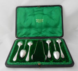 Antique Sterling Silver Spoons - Picture Back Spoons (6 Cased) & Tongs - 1900 photo
