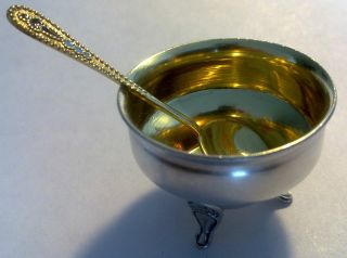Russian Solid Silver Gold Gilt Bowl And Spoon Enamel Spice Mustard Salt photo