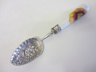 Vintage Silver Plated Preserve Spoon With Embossed Design & Ceramic Handle photo