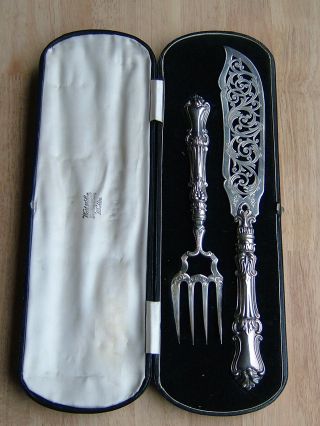 A Good Cased Set Of Antique Victorian English Sterling Silver Fish Servers C1865 photo