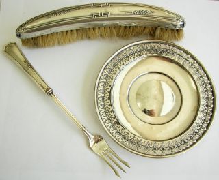 Sterling Silver Lot Pierced Plate Saucer Repousse Pickle Fork Brush Not Scrap photo