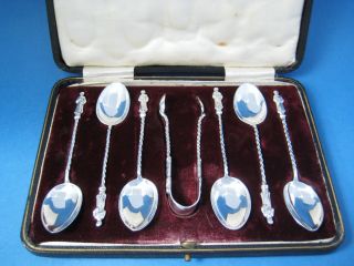 6 Apostle Spoon Solid Silver Teaspoons & Tongs Chester 1898 Cased Victorian Set photo
