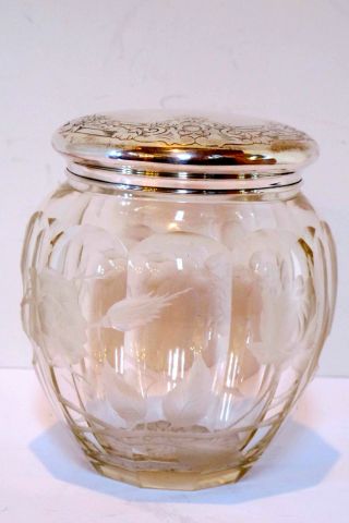 19 Century Hand Carved Glass Jar,  With Gorham Sterling Silver Top photo