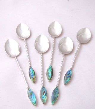 Abalone Shell Handled Set Of 6 Solid Sterling Silver Demi - Tasse Spoons photo