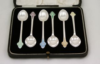 Silver & Enamel Coffee Spoons Set Of 6 Cased 1936 photo