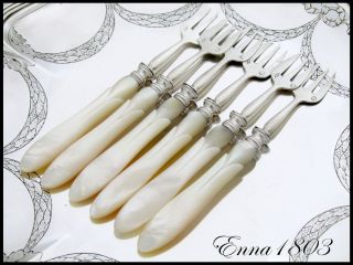 Rare French Sterling Silver & Carved Mother Of Pearl Oyster Forks Set 6 Pc photo