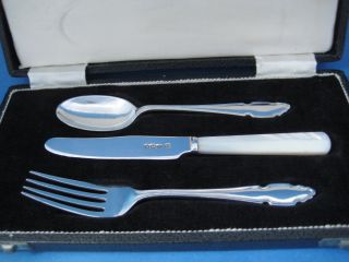 Solid Silver & Mother Of Pearl Presentation Cutlery Set Cased Knife Fork Spoon photo
