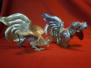 Elegant & Finely Detailed Set Of Sterling Silver Fighting - Cocks 64 Troy Oz photo