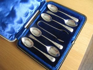 Solid Silver Spoons And Suger Tongs Set.  Hallmarked Sheffield 1914 photo