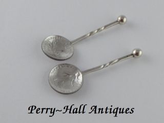 Rare Pair Of Silver Salt Spoons,  Bowls Made From 50 Centimes Coins 1916 & 1918 photo