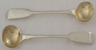 Pair Of Very Good Victorian Silver Fiddle Pattern Salt Spoons With Gilded Bowls photo