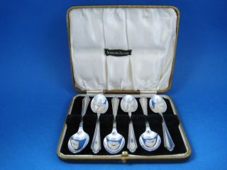 6 Large English Solid Silver Teaspoons Bhm 1957 Cased & Unpersonalised photo